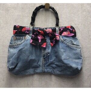 Red Hat Society Denim Jeans Purse Belt Bow Black Wooden Bamboo Handle Lined